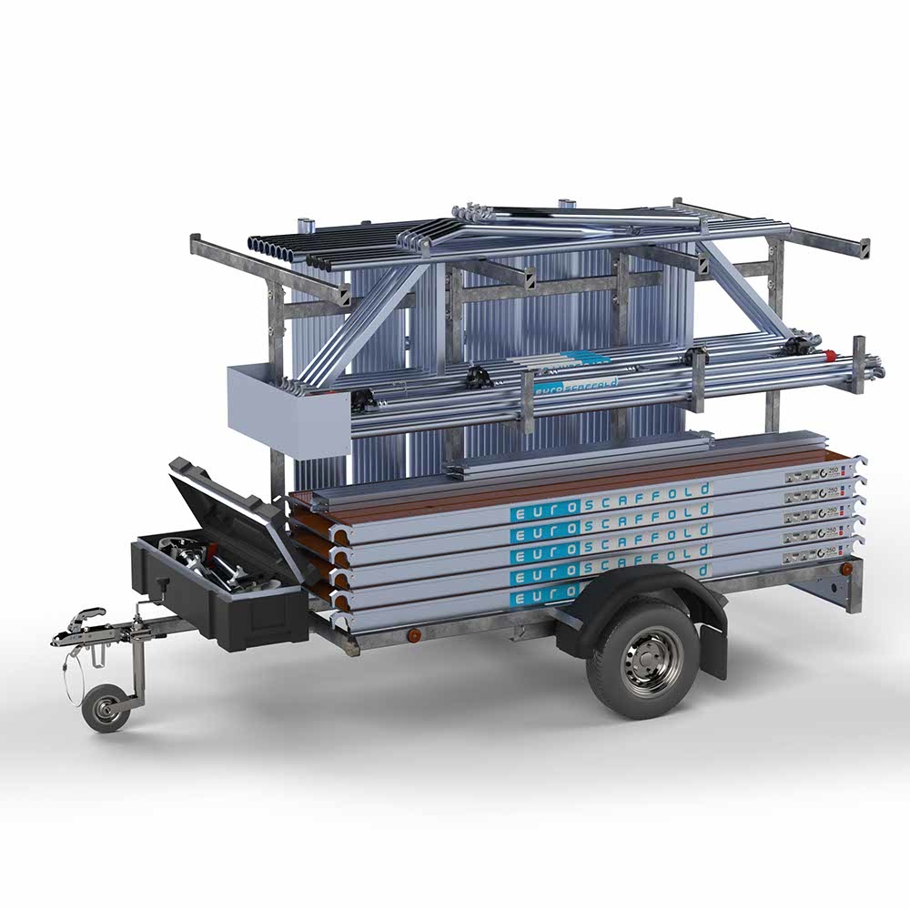 Steigeraanhanger 250 + Euro rolsteiger carbon vloer 135x250x12,2m werkhoogte enkele voorloopleuning