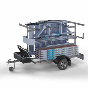 Steigeraanhanger 250 + Ext. Standaard rolsteiger 135x190x10,2m werkhoogte enkele voorloopleuning